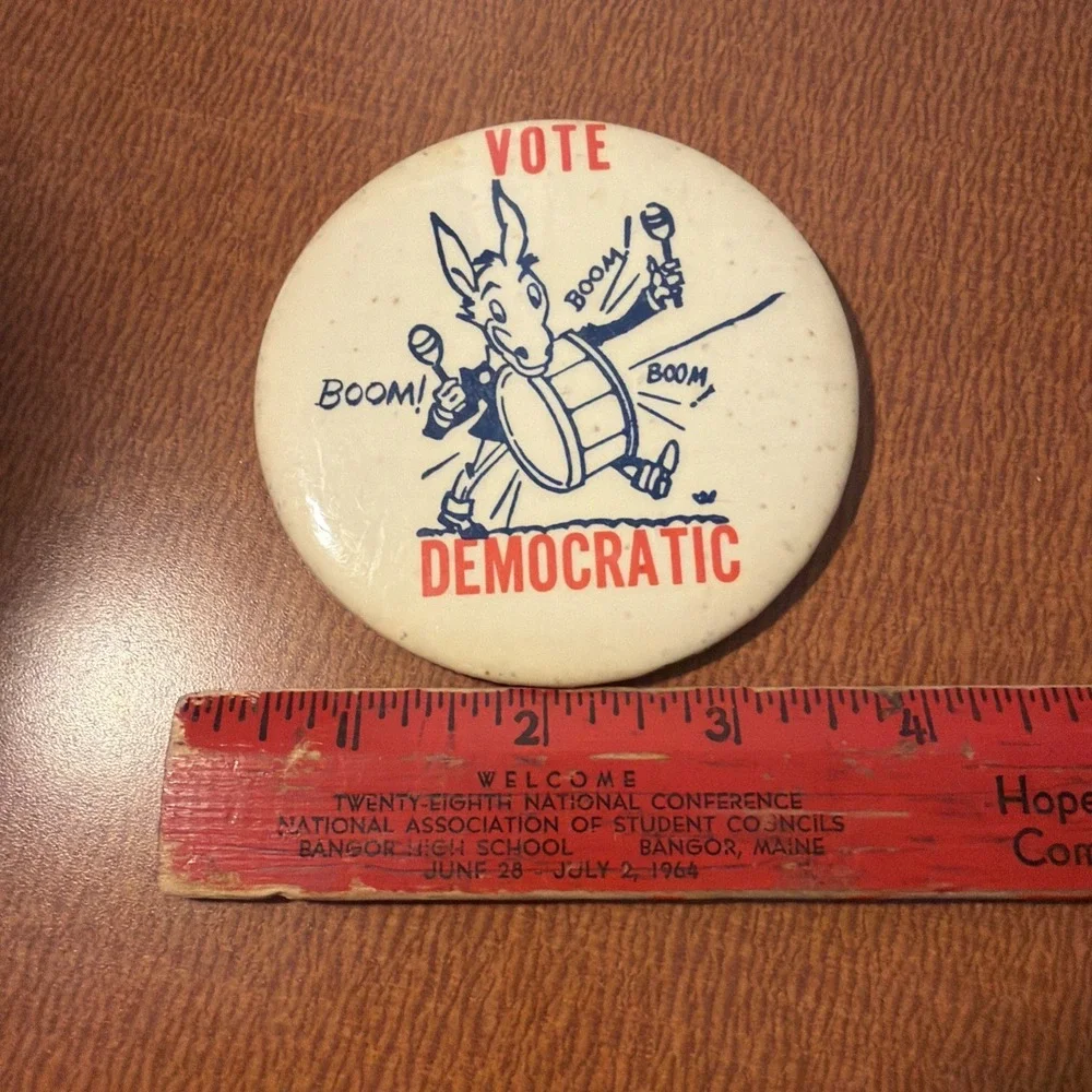 Vintage VOTE DEMOCRATIC Donkey Drummer Large Political Pinback Button Democrat